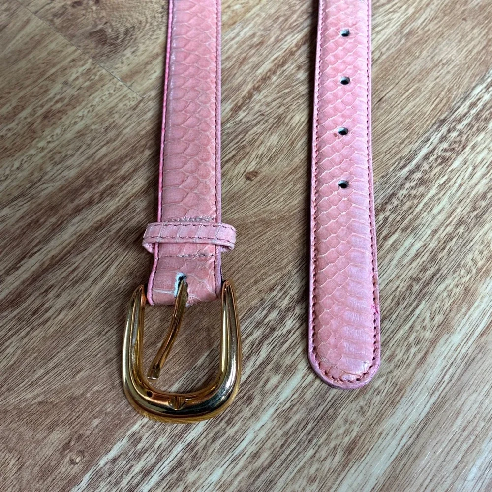 Vtg Pink Genuine Snakeskin Skinny Belt Gold Buckle Large Exotic Reptile Leather